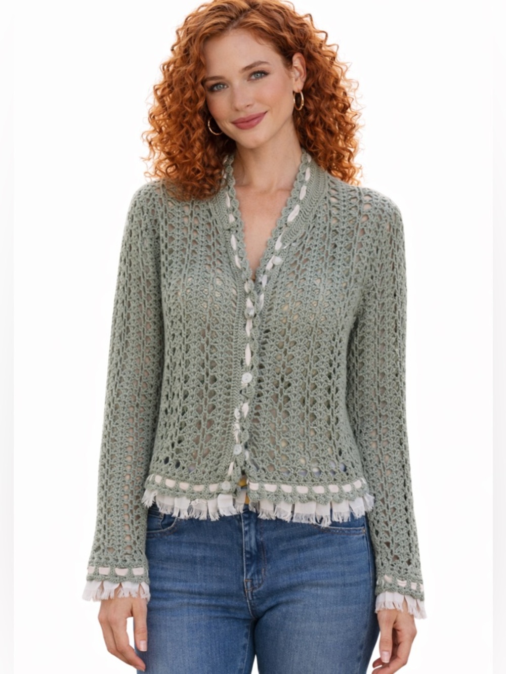 One Girl Who Sage Green Crochet Openwork Cardigan with Lace Trim